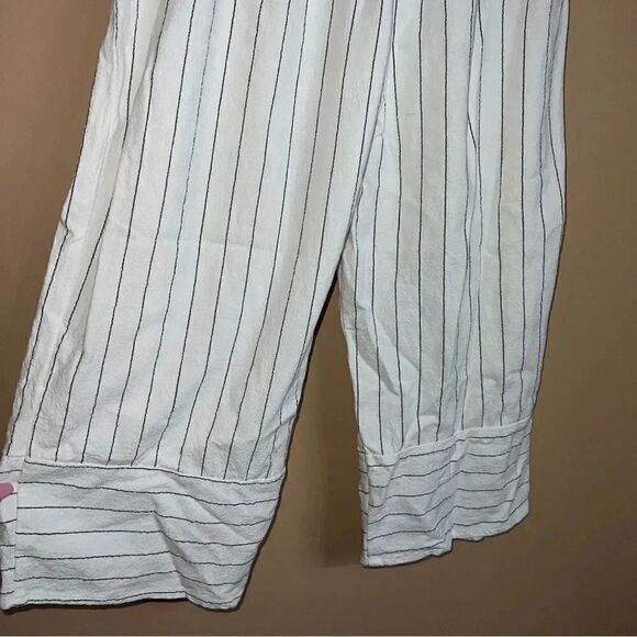 Urban Romantics White Striped Paperbag Waist Linen Wide Leg Cropped Trouser Pant - Picture 5 of 8